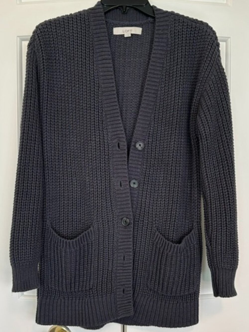 LOFT Charcoal Waffle Chunky Knit Drop Shoulder Cardigan Sweater Medium EUC